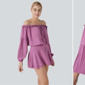 HALARA Off Shoulder Lace Up Invisible Zipper Tiered Mini Resort Dress NWT